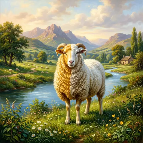 Golden and White Sheep in Enchanted Landscape - Oil Painting