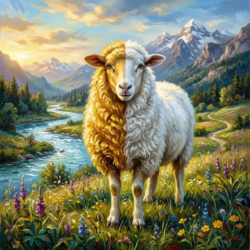 Golden and White Sheep in Scenic Oil Painting Landscape