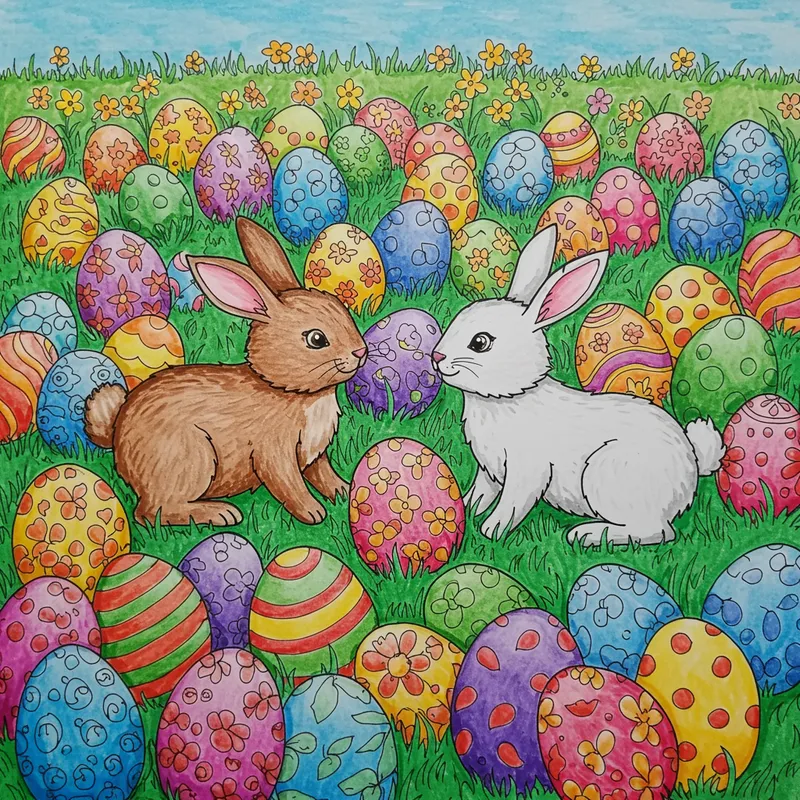 Bunnies Playing in a Colorful Easter Egg Field