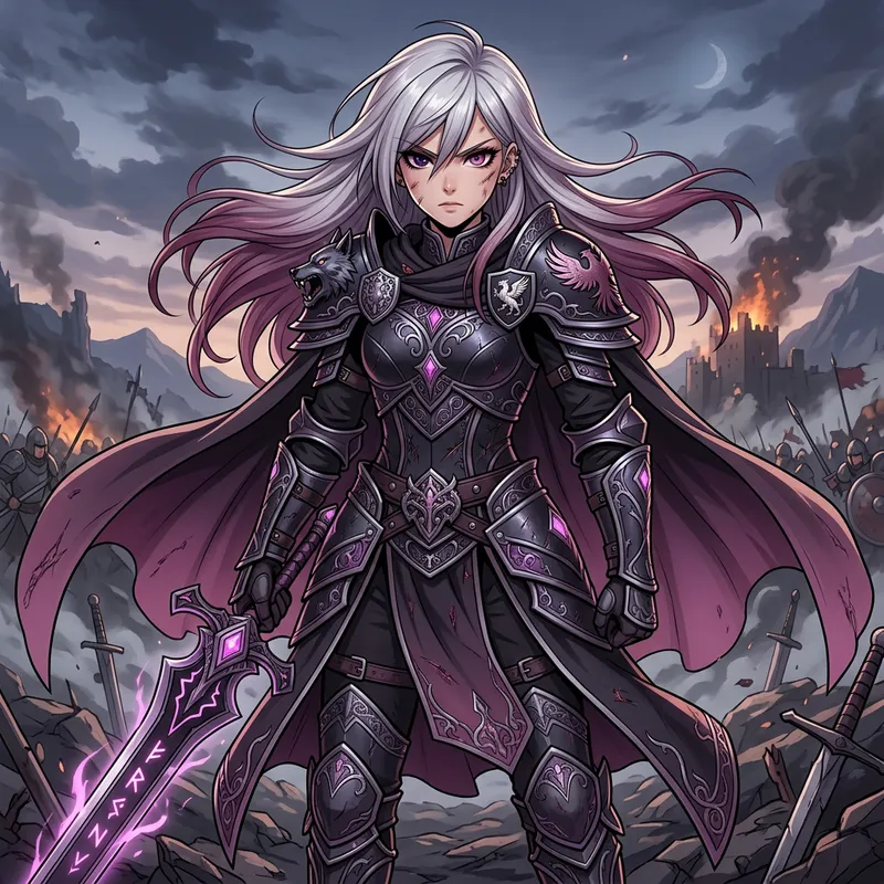 Warrior Anime Woman with Purple Eyes and Ash White Hair