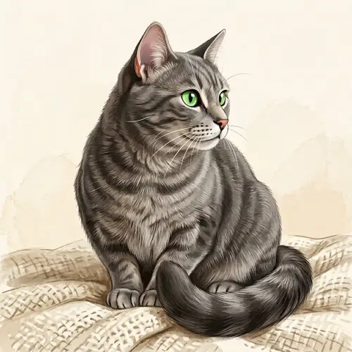 Short-Haired Domestic Cat Illustration | Grey Fur & Green Eyes