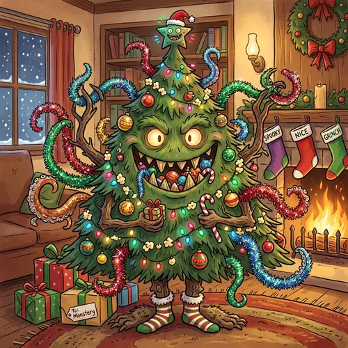 Quirky Christmas Tree Monster Illustration | Festive Decorations