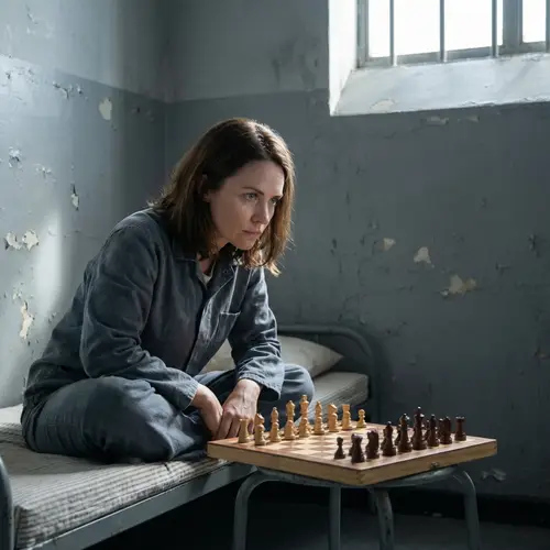 Confident Woman in Prison Setting Strategizing Chess Move