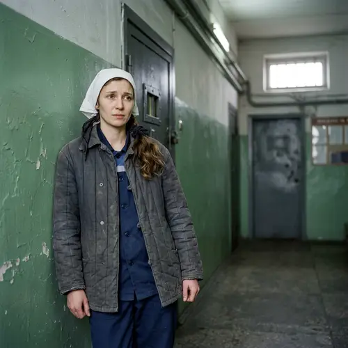 Russian Woman in Prison Setting: Slavic Features, Resilient Eyes
