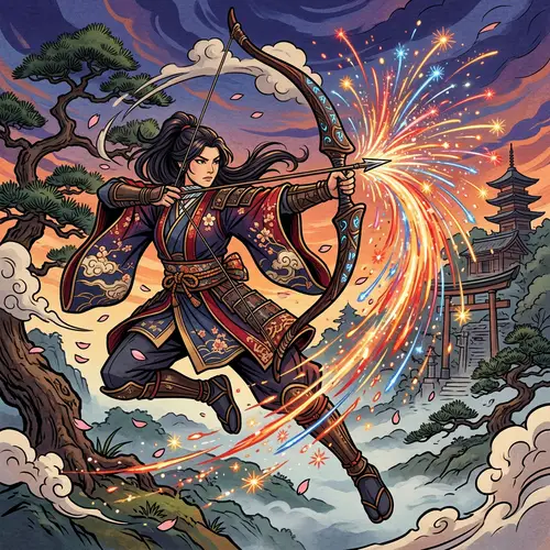 Energetic Female Fantasy Character in Japanese-Inspired Art