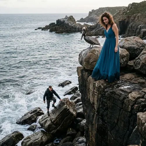 Rugged Coastline with Attractive Woman and Pelican Watching Climber