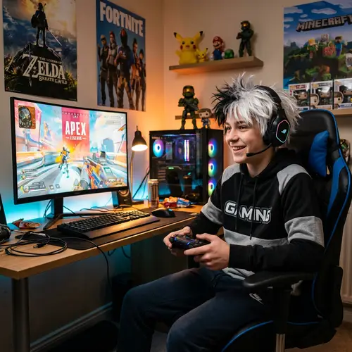 Boy Gaming with Black and White Hair