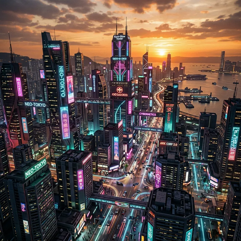 Vibrant Neon Cyberpunk Cityscape at Sunset - Aerial Drone Shot