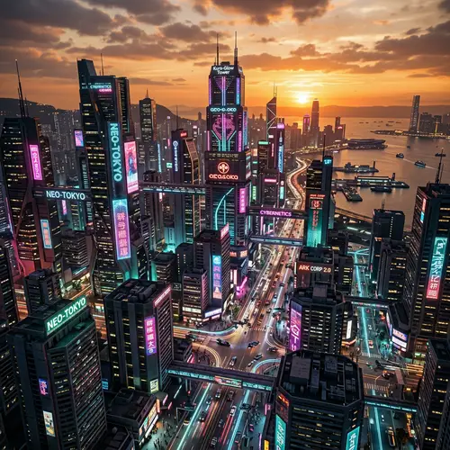 Futuristic City Skyline at Sunset - Neon Cyberpunk Scene