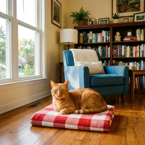 Cozy Living Room Scene with Orange Cat and Bookshelf