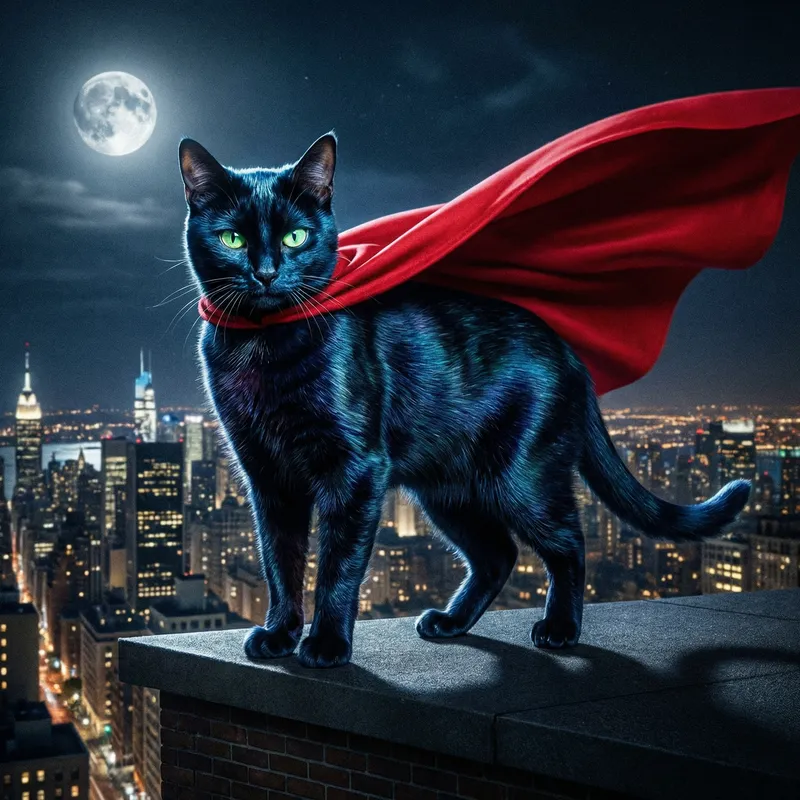 Mysterious Superhero Cat with Green Eyes and Blue Fur
