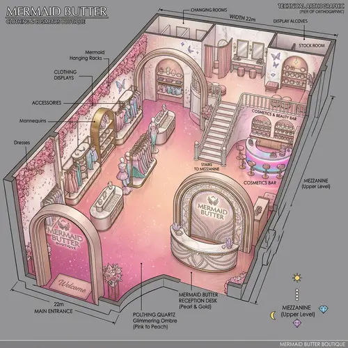 Luxurious Mermaid Butter Clothing Store: Wide Rectangular Layout