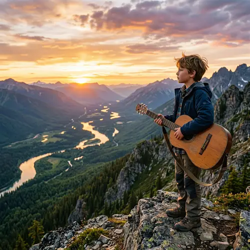 Serenity and Awe: Young Boy with Wooden Guitar on Mountain Peak