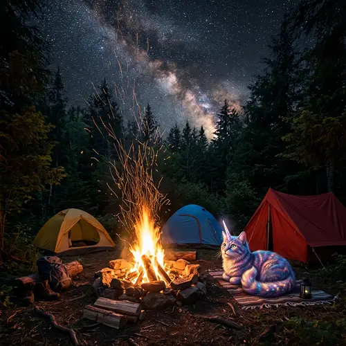 Mystical Forest Night: Unicat, Tents & Bonfire