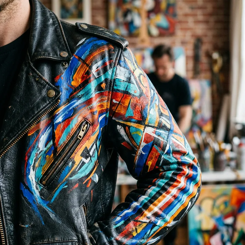 Unique Avant-Garde Leather Jacket Painted with Vibrant Colors