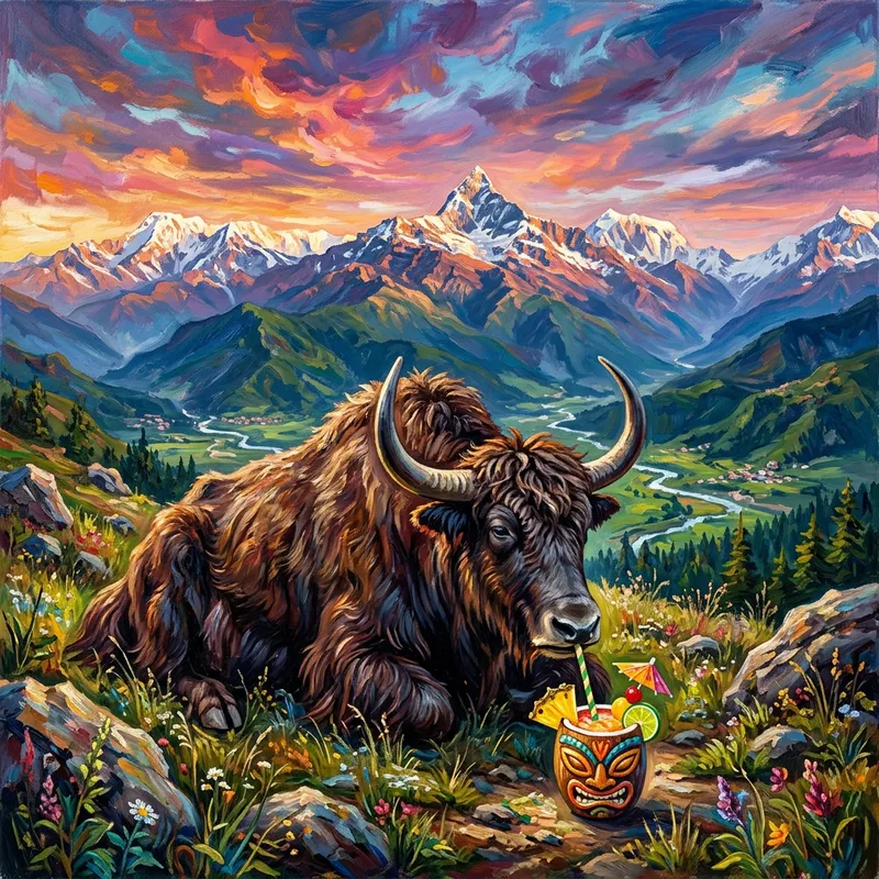 Majestic Yak Sipping Tropical Cocktail - Nature-Inspired Photography