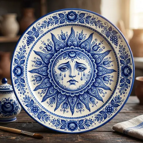 Melancholy Sun in Gzhel Style - Traditional Russian Folk Art