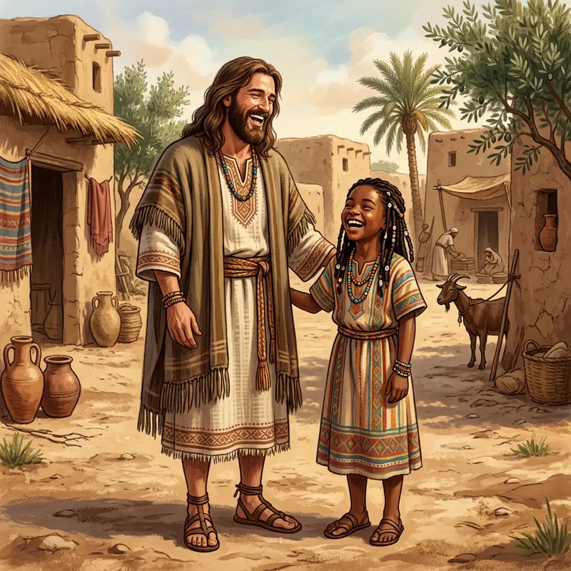 Jesus and Girl Laughing: Ancient Near Eastern Clothing Illustration