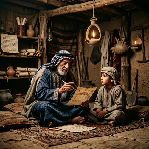 Ancient Sheikh Teaching Boy in Rustic Hut | Middle-Eastern Scene