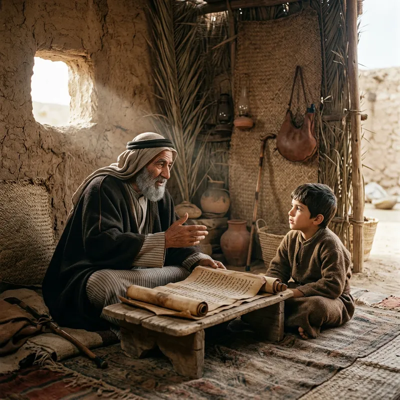 Elderly Sheikh Teaching Young Boy in Ancient Hut