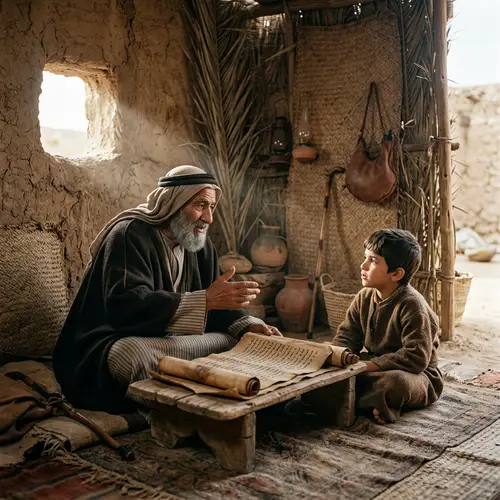 Middle-Eastern Sheikh Imparting Knowledge to Young Boy in a Simple Hut