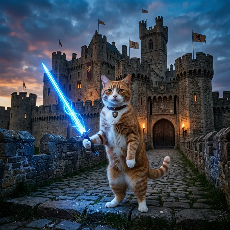 Feline Warrior at Castle with Light Saber