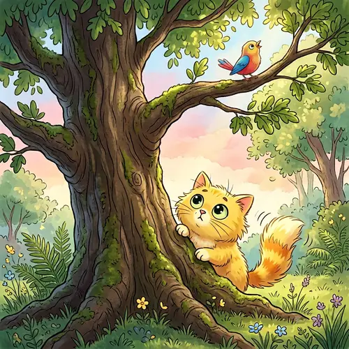 Adorable 2D Cartoon Image of Small Yellow Cat and Bird