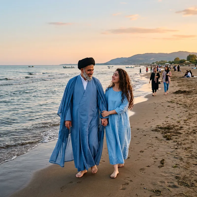 Shiite Cleric and Unveiled Girl by Caspian Sea - Romantic Moment Shiite Cleric and Unveiled Girl by Caspian Sea - Romantic Moment