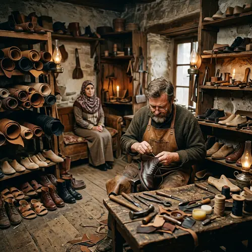 Antique Shoe Workshop Scene: Cobbler Crafting Leather Boots