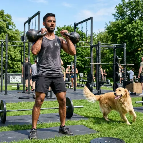 South Asian Male Crossfitter and Dog Outdoor Workout