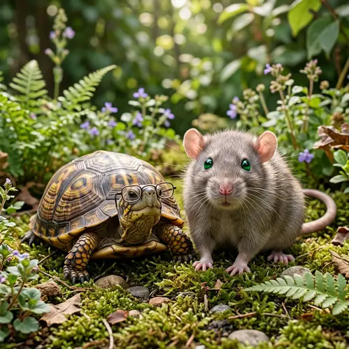 Cute Turtle in Glasses with Adorable Green-Eyed Rat