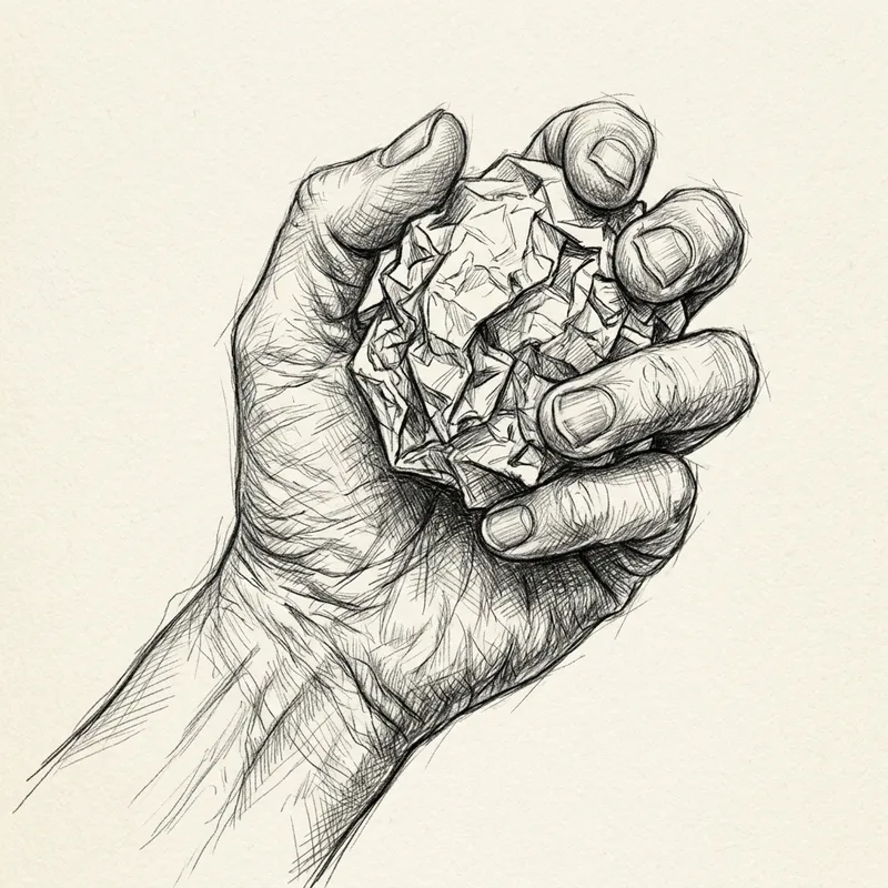 Hand Holding Crumpled Paper Sketch - Detailed Artwork