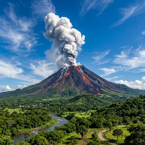 Active Volcano Landscape with Blue Sky