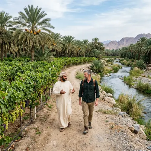 Two Men Walking in Lush Gardens with Palm Trees