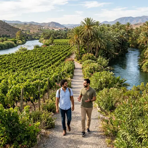 Men Walking Through Lush Gardens with Rivers
