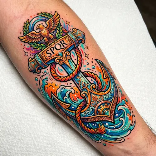 Colorful New School Roman Anchor Tattoo Design