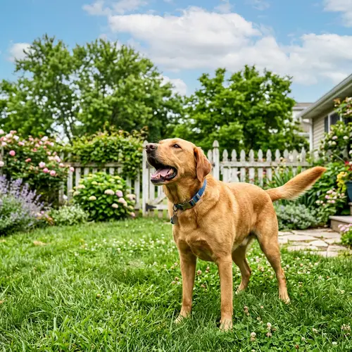 Joyful Labrador Golden Retriever Barking in a Suburban Garden