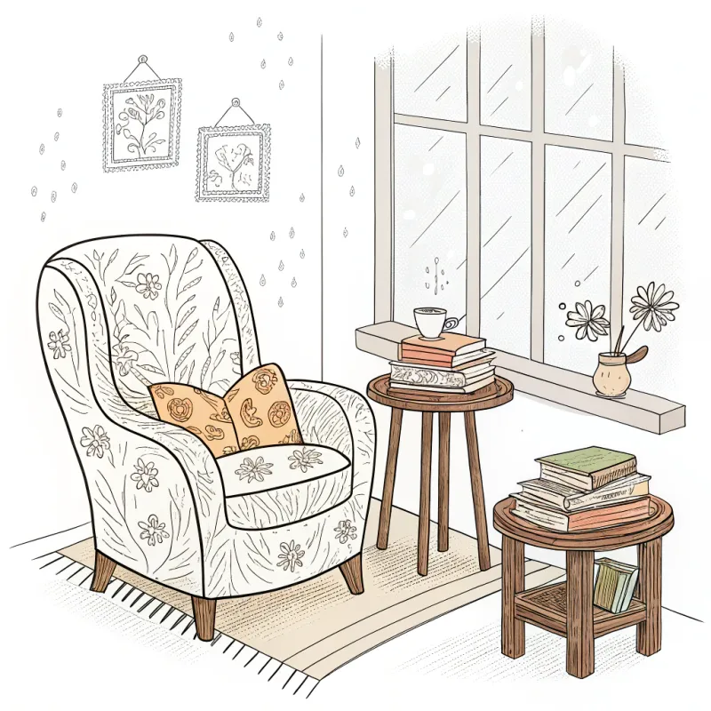 Cozy Reading Nook Line Illustration Cozy Reading Nook Line Illustration