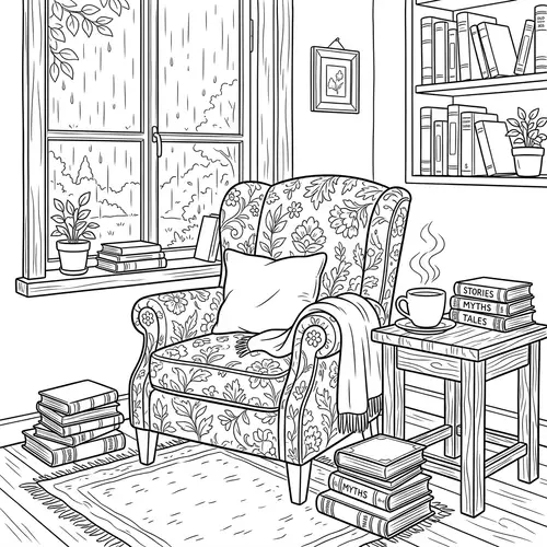 Cozy Reading Nook Line Illustration