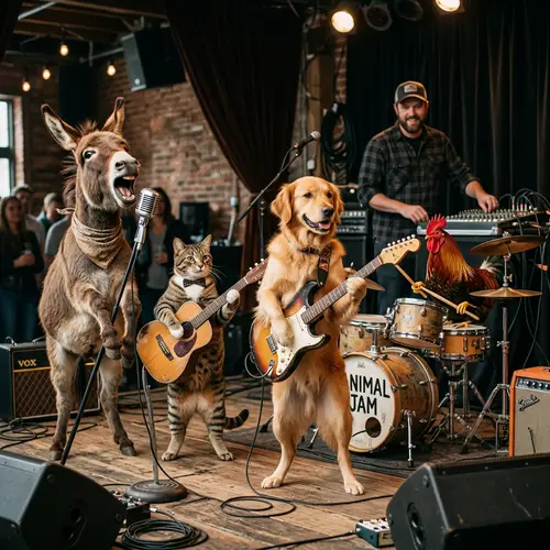 Animal Band Performance: Guitar, Drums, and Song