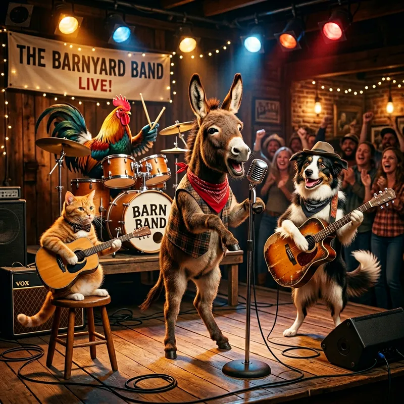 Quirky Animal Band: Donkey, Dog, Cat & Rooster