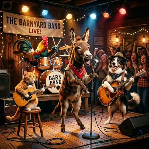 Quirky Animal Band: Donkey, Dog, Cat & Rooster