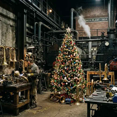 Christmas Tree in Tuba Workshop | Industrial Festive Contrast