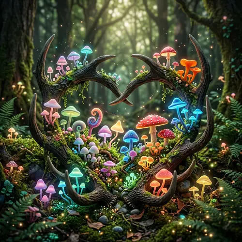 Enchanting Deer Antlers with Whimsical Mushrooms