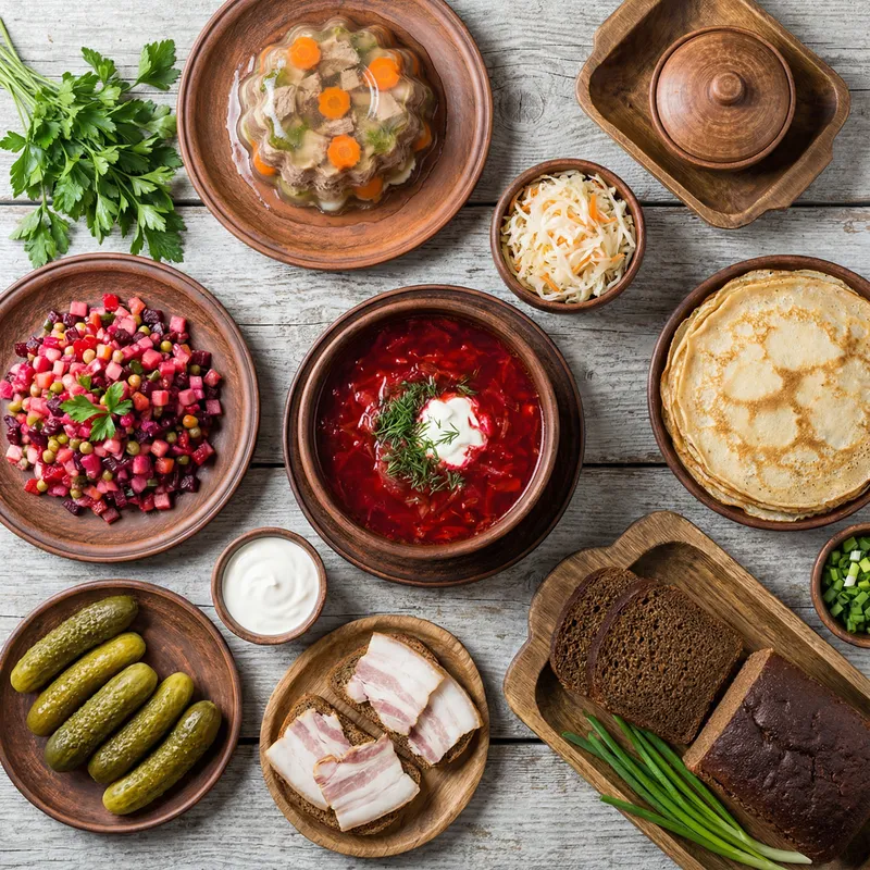 Traditional Ukrainian Cuisine on Wooden Tableware - Top View