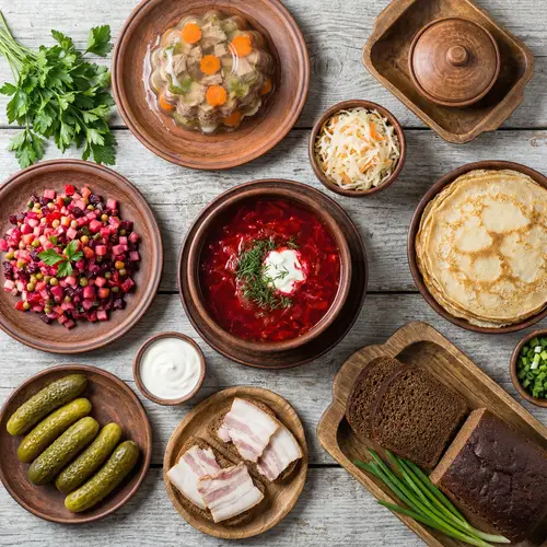 Delicious Traditional Ukrainian Dishes on Wooden Tableware