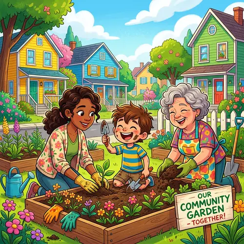 Cartoon of a Boy, His Mother and Their Friendly Neighbor