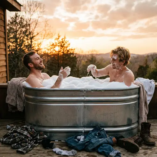 Caucasian Men Having Fun in a Large Basin | Laughter Amid Bubbles