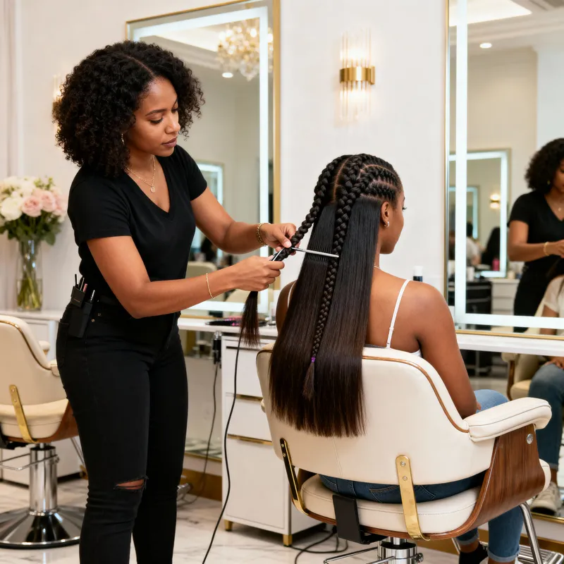 Professional Weft Braid Hair Extensions in a Modern Salon