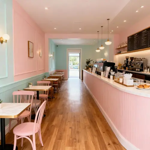 Charming Cafe in Pastel Colors and Wood Floors